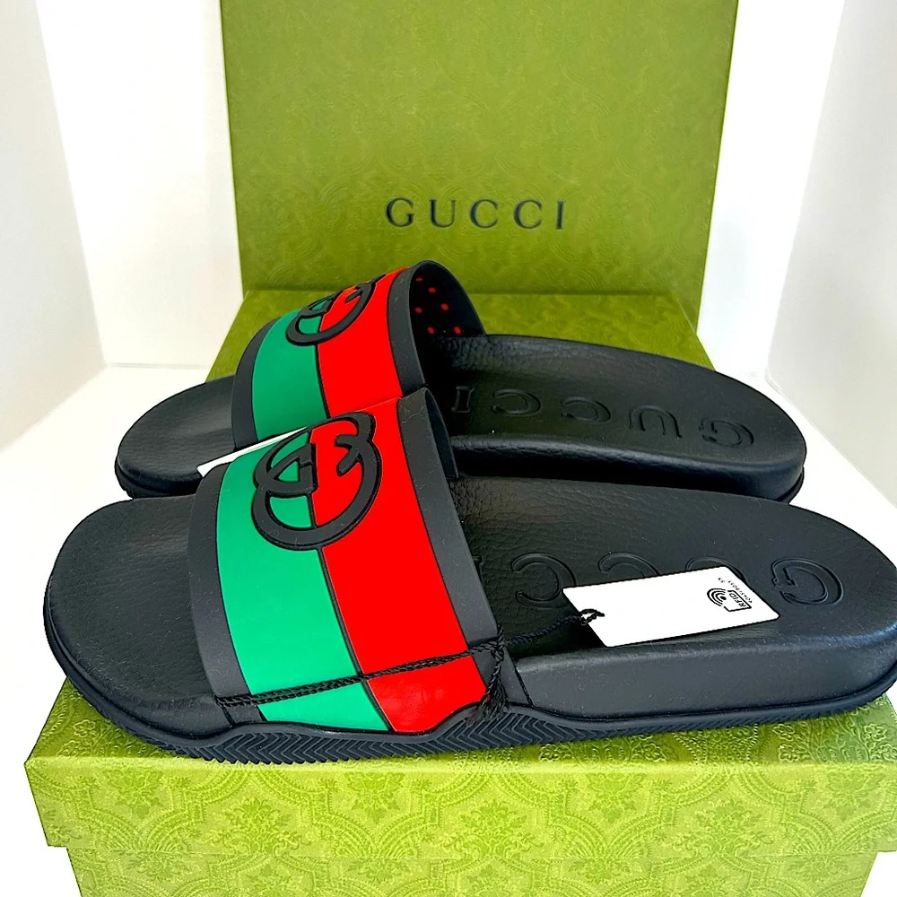 Gucci Black Slides with Red and Green Signature Stripe
